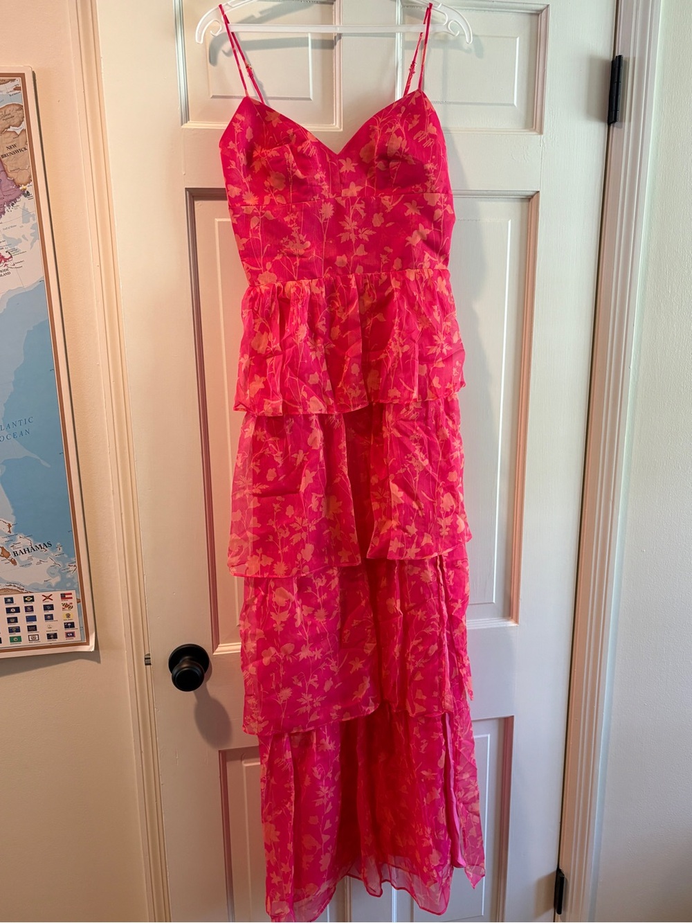 Amanda Uprichard Thaddea Maxi Dress- Hot Pink Tiered Floral Maxi Dress